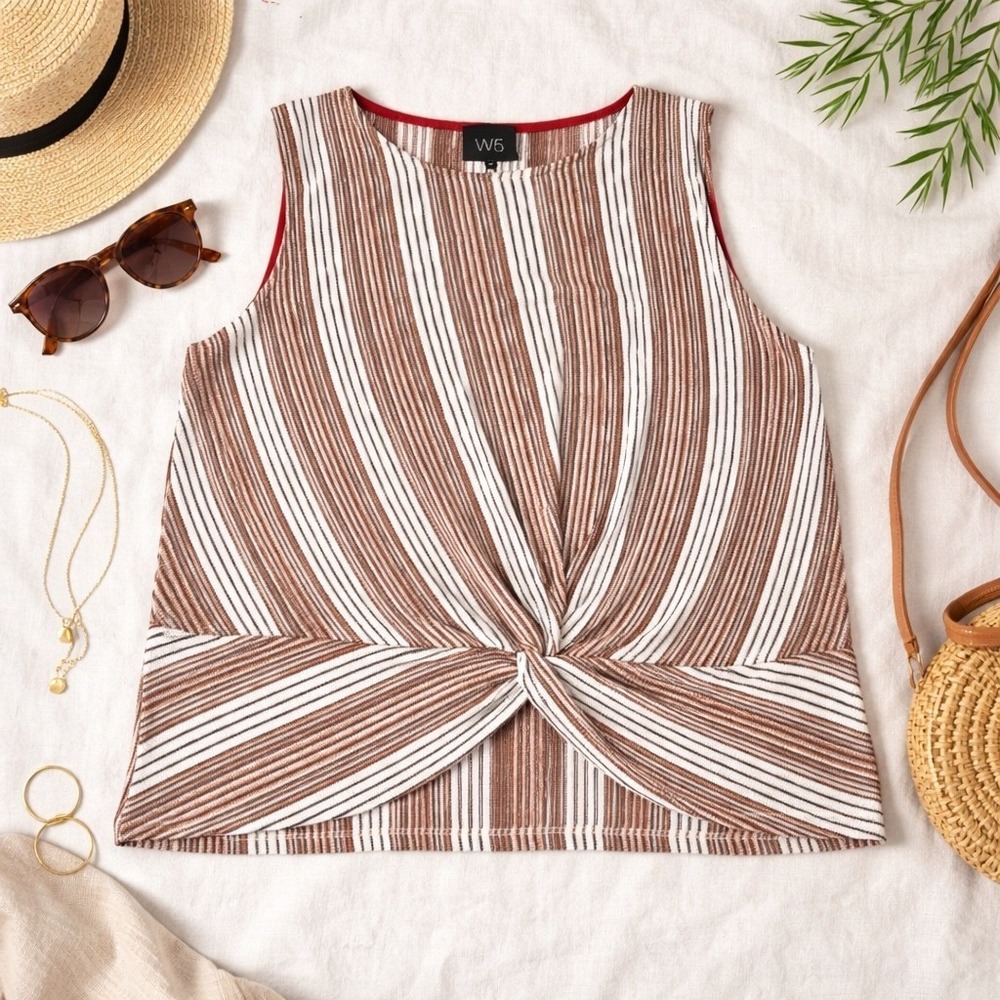 W5 XL Sleeveless Twist Front Knit Top Striped Ribbed Stretch Neutral Boho